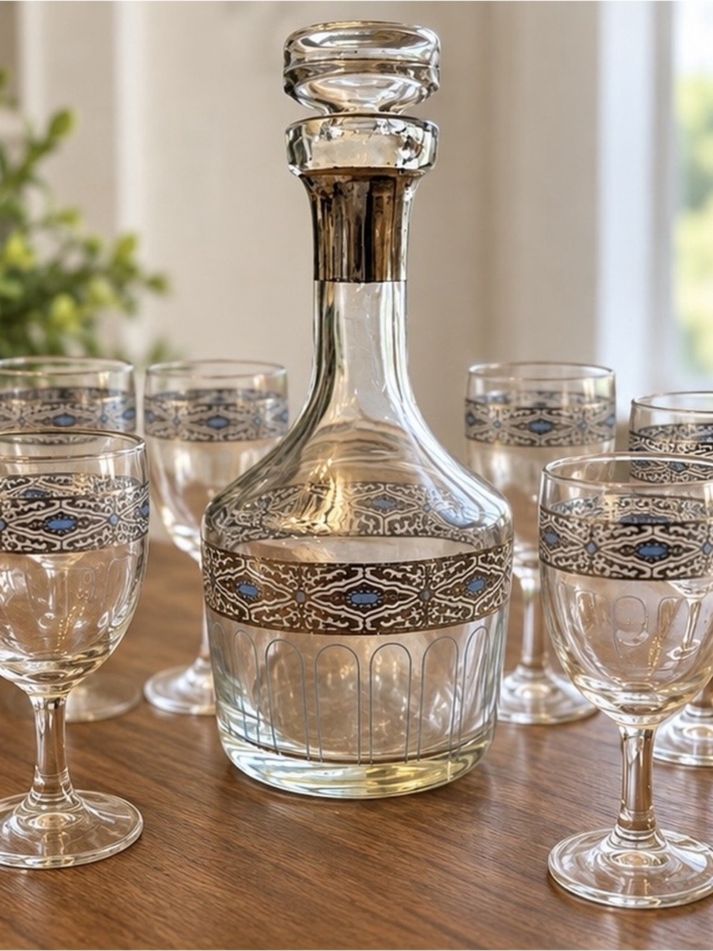 Vintage Culver Sorrento Decanter & 6 Stem Glasses Blue Silver MCM 1960s Barware